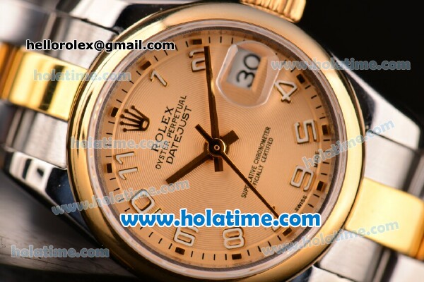 Rolex Datejust Lady Swiss ETA 2671 Automatic Two Tone with Champagne Dial and Arabic Numeral Markers - Click Image to Close